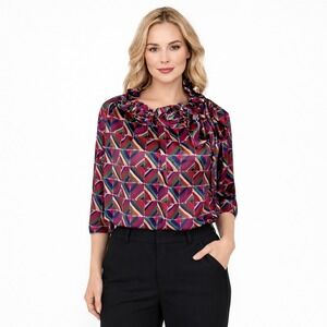NEVER A WALLFLOWER Ruffle Tie Neck Geometric Print Silk Blend Tunic Top L